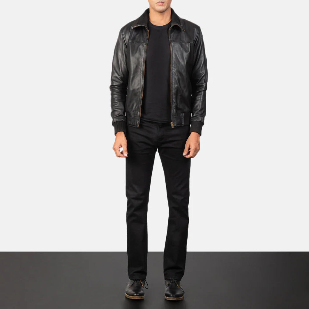 Stylish Black Leather Bomber Jacket for Men – Air Rolf Collection