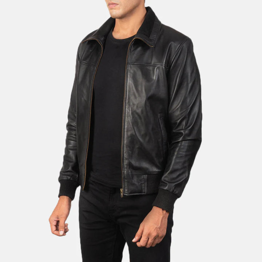 Stylish Black Leather Bomber Jacket for Men – Air Rolf Collection