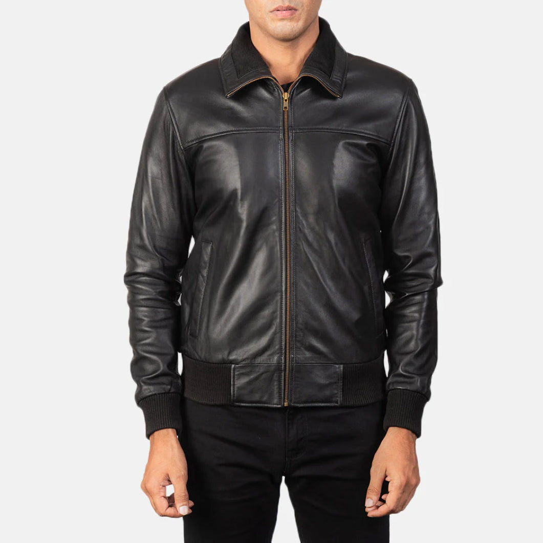 Stylish Black Leather Bomber Jacket for Men – Air Rolf Collection