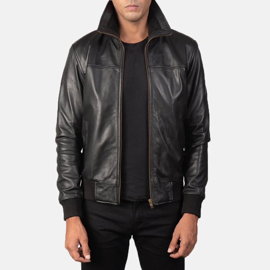 Stylish Black Leather Bomber Jacket for Men – Air Rolf Collection