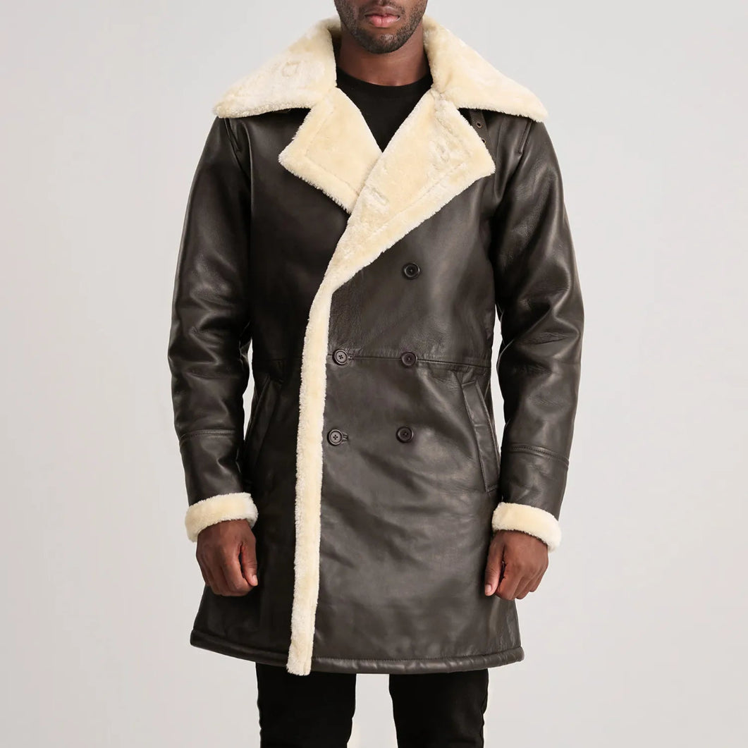 Men’s Brown Leather Shearling Coat – Charles Double-Breasted Style