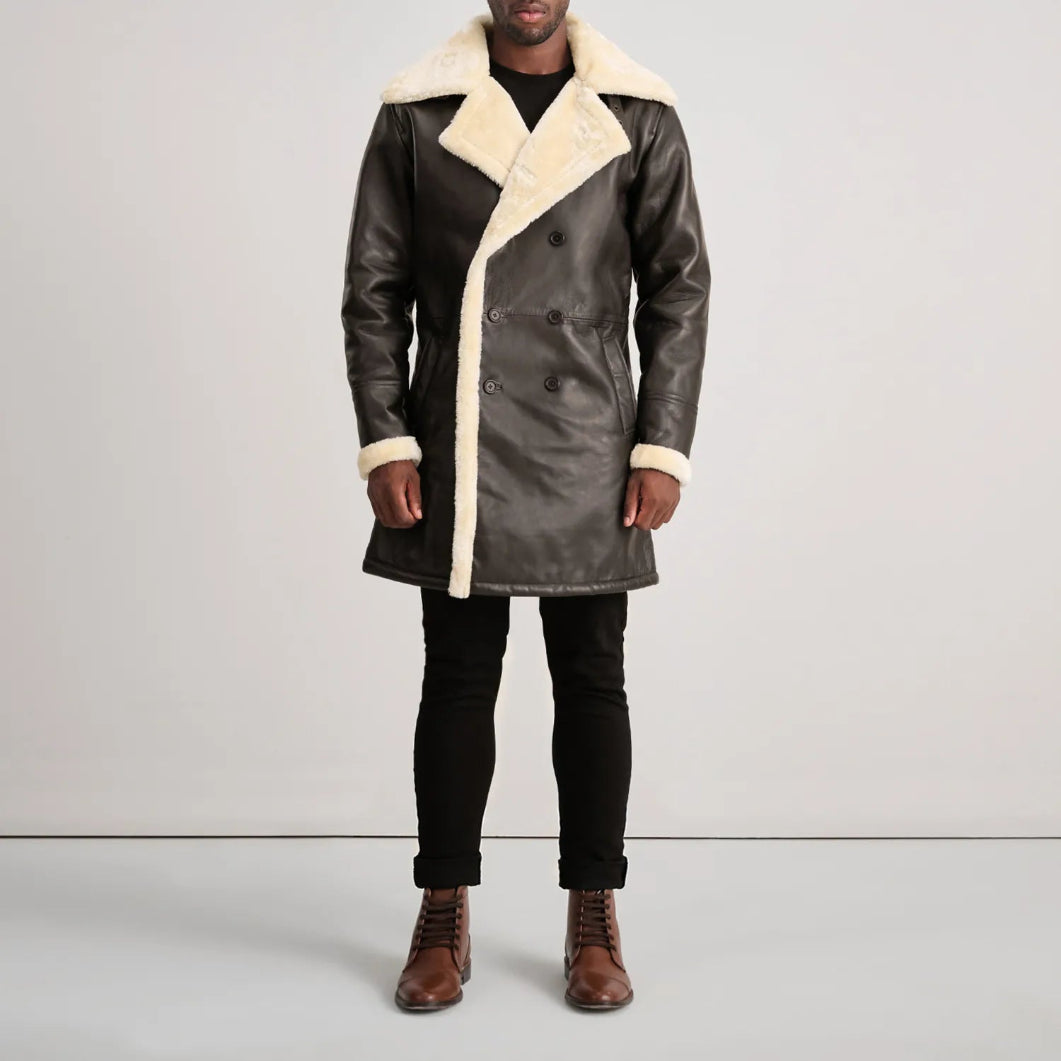 Men’s Brown Leather Shearling Coat – Charles Double-Breasted Style