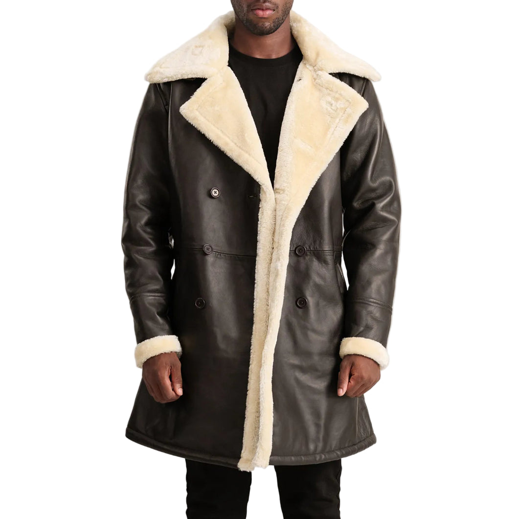 Men’s Brown Leather Shearling Coat – Charles Double-Breasted Style