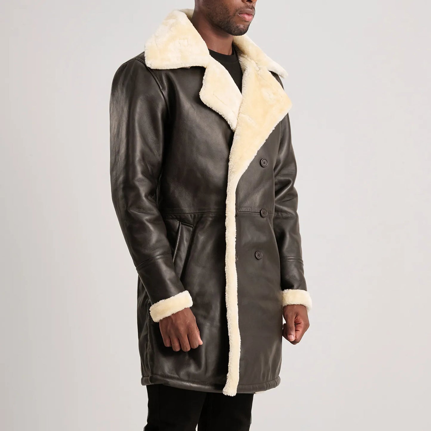 Men’s Brown Leather Shearling Coat – Charles Double-Breasted Style