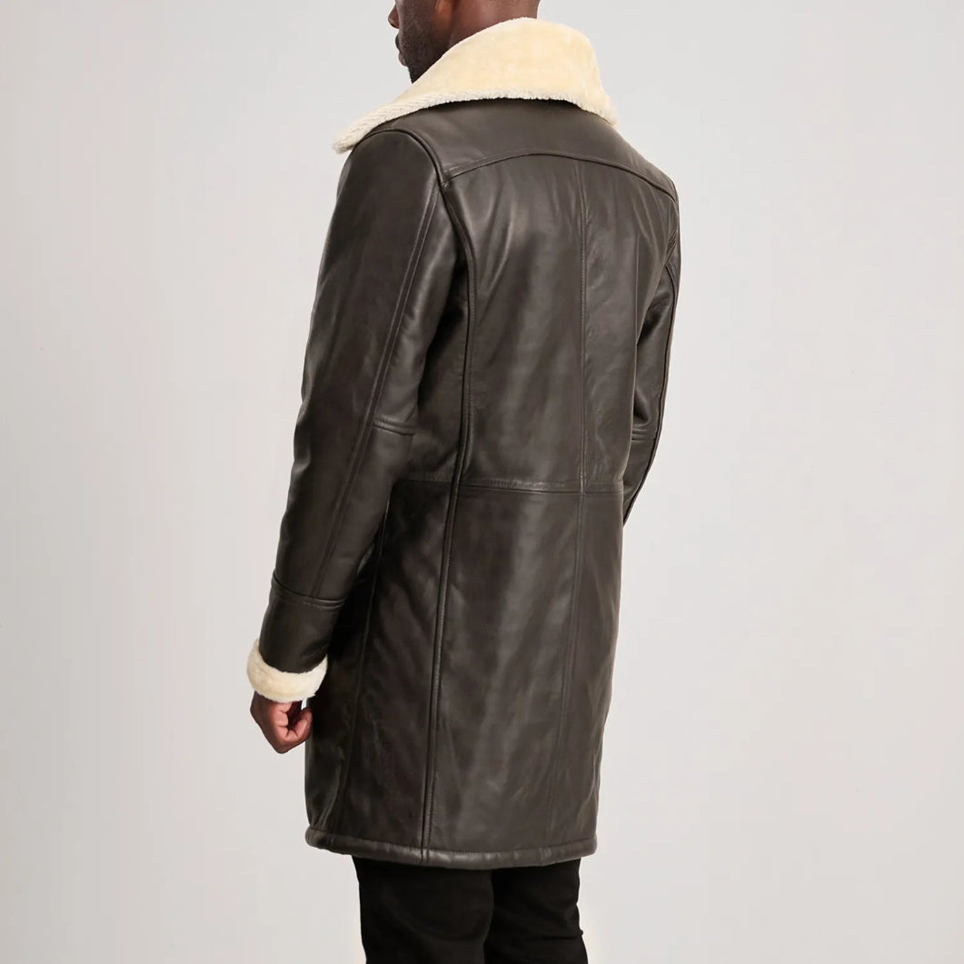 Men’s Brown Leather Shearling Coat – Charles Double-Breasted Style