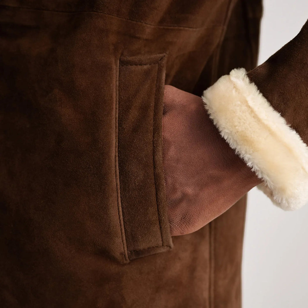 Brown Suede Shearling Coat for Men – Charles Double-Breasted Leather Outerwear