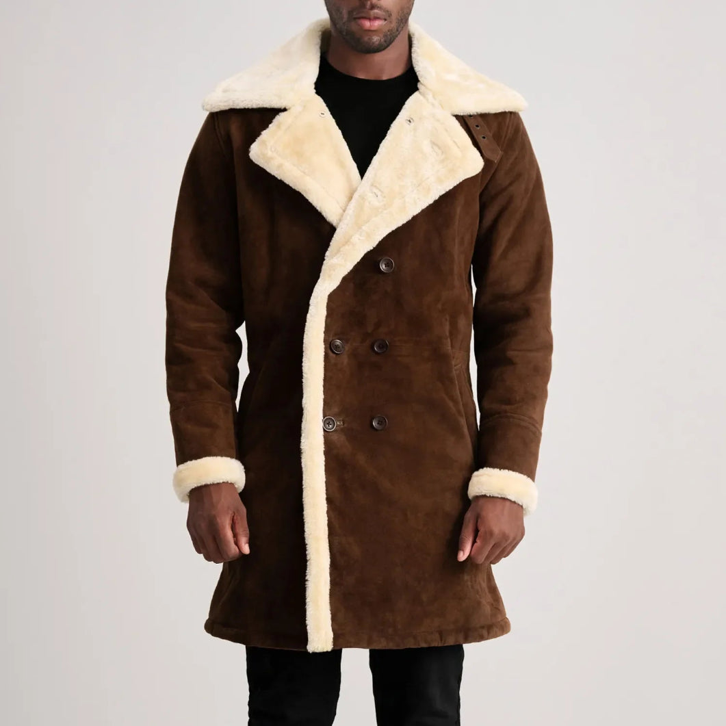 Brown Suede Shearling Coat for Men – Charles Double-Breasted Leather Outerwear