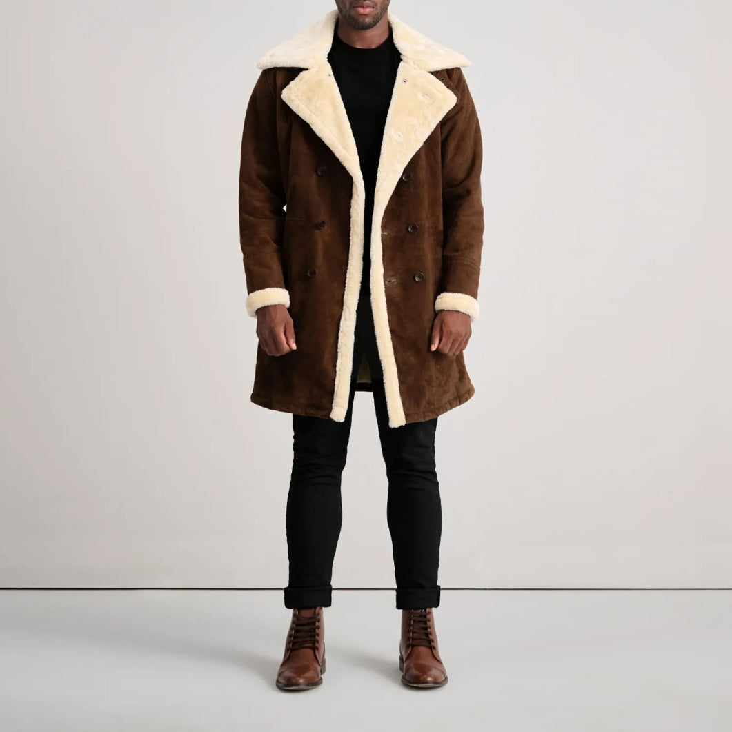 Brown Suede Shearling Coat for Men – Charles Double-Breasted Leather Outerwear