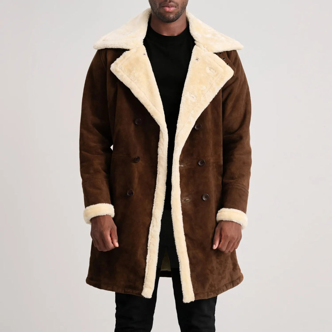 Brown Suede Shearling Coat for Men – Charles Double-Breasted Leather Outerwear