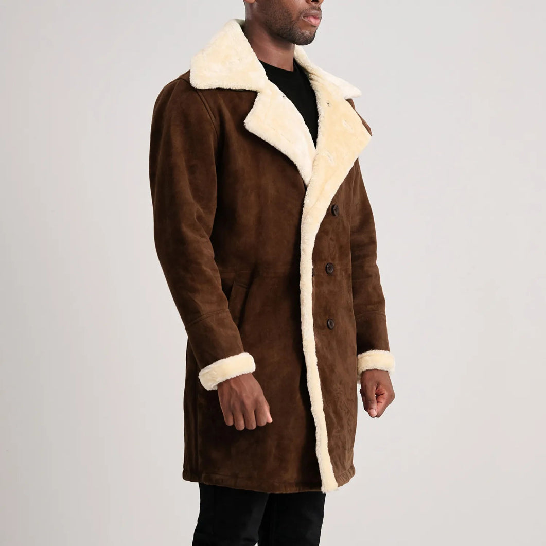 Brown Suede Shearling Coat for Men – Charles Double-Breasted Leather Outerwear