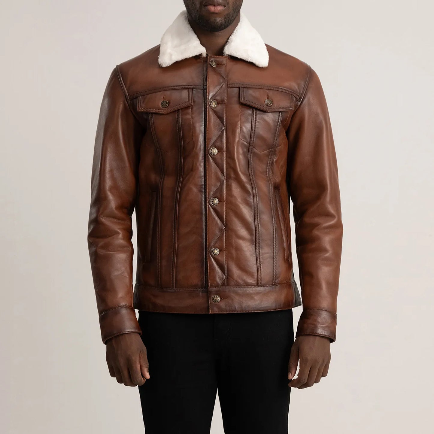 Dallis Brown Leather Shearling Trucker Jacket – Men’s Winter Outerwear