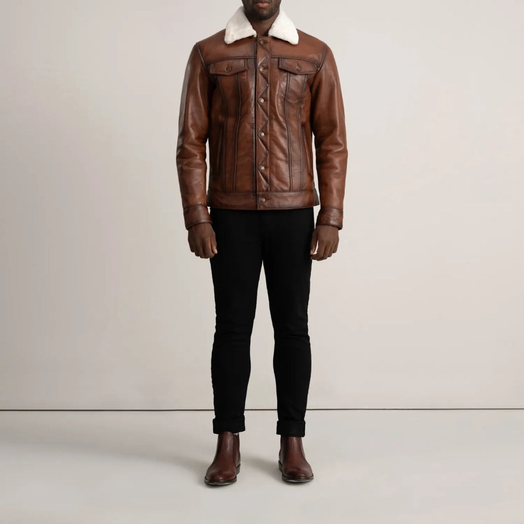Dallis Brown Leather Shearling Trucker Jacket for Men – Stylish Winter Outerwear