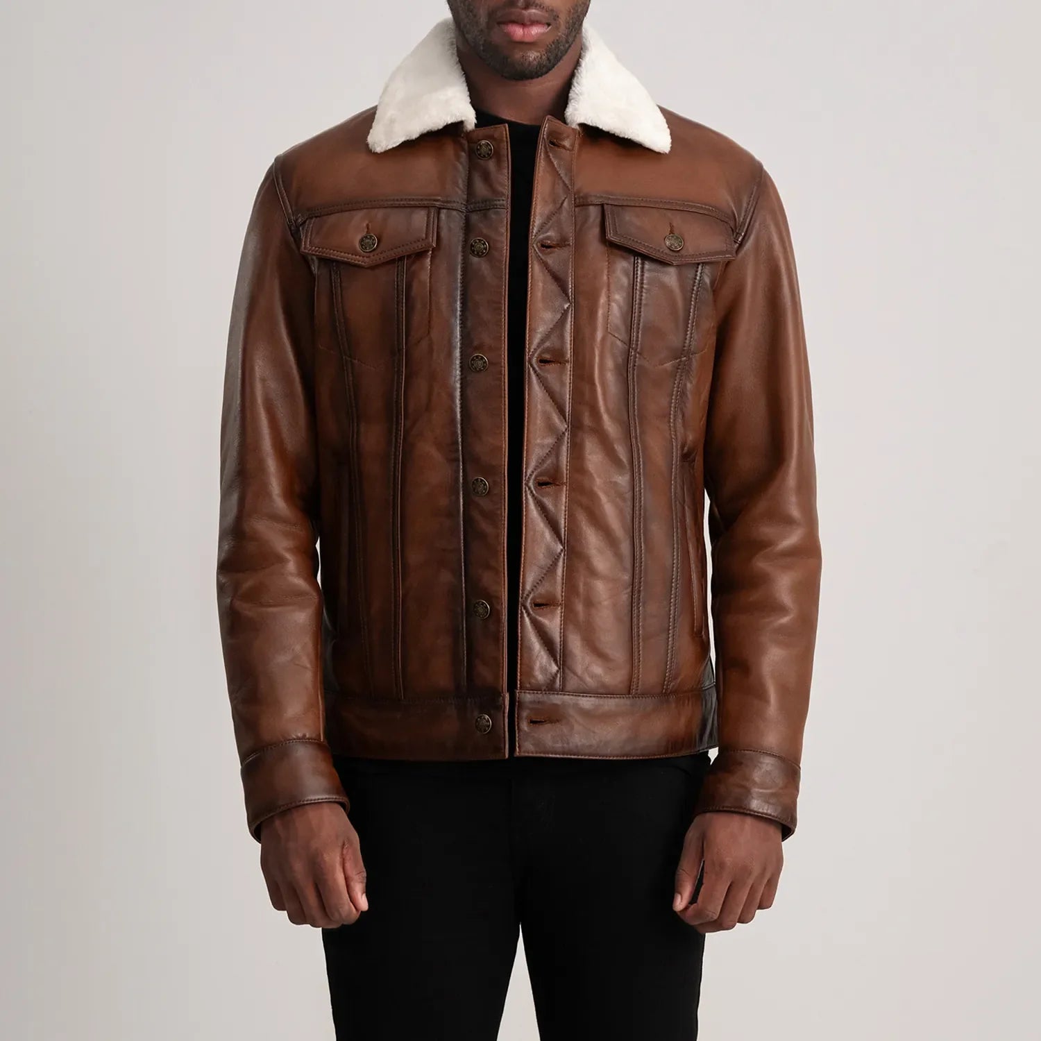 Dallis Brown Leather Shearling Trucker Jacket – Men’s Winter Outerwear