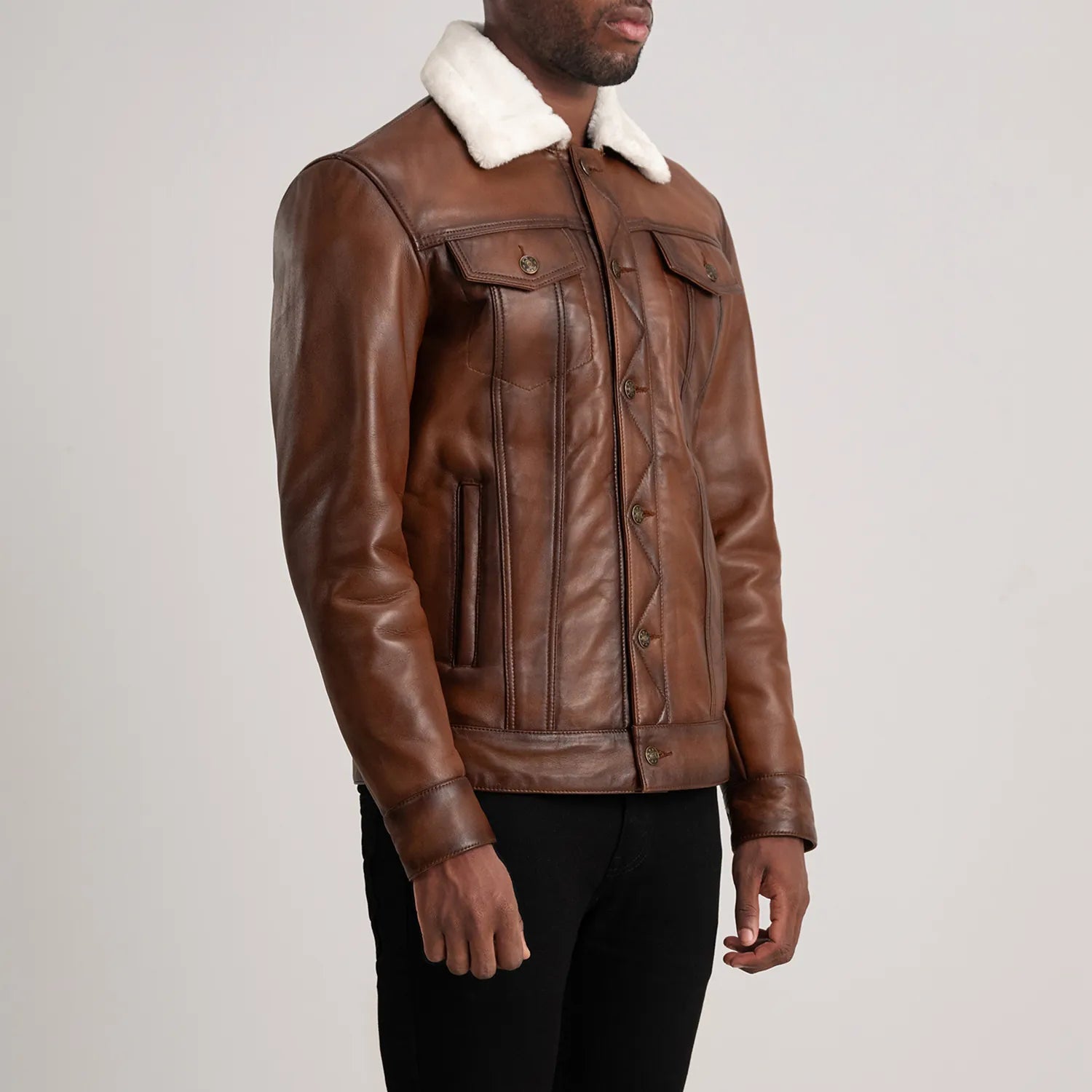 Dallis Brown Leather Shearling Trucker Jacket – Men’s Winter Outerwear