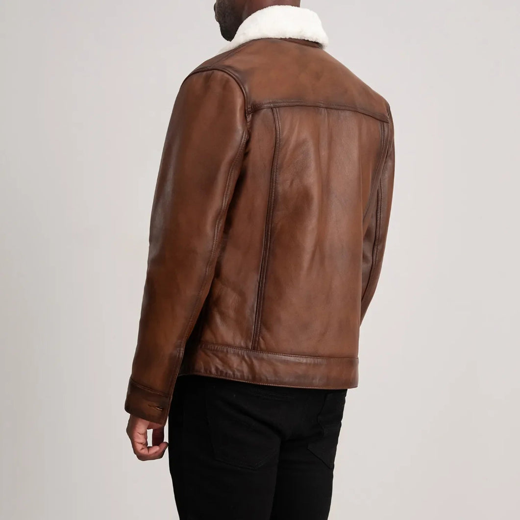 Dallis Brown Leather Shearling Trucker Jacket for Men – Stylish Winter Outerwear