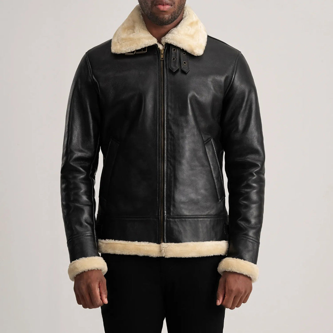 Black Shearling Leather Bomber Jacket  Stylish Men’s Outerwear
