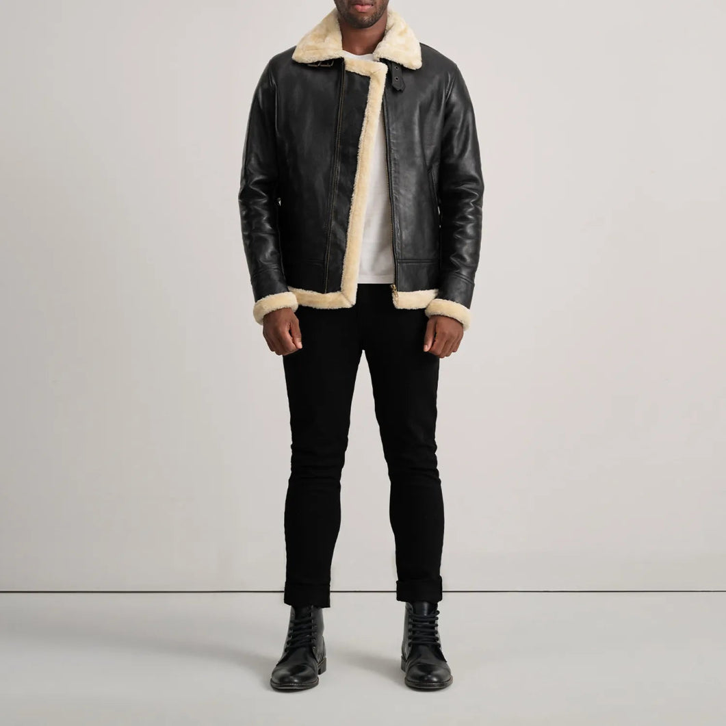 Black Shearling Leather Bomber Jacket  Stylish Men’s Outerwear