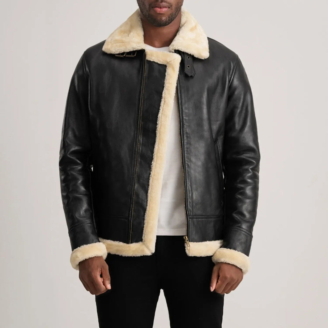 Black Shearling Leather Bomber Jacket  Stylish Men’s Outerwear