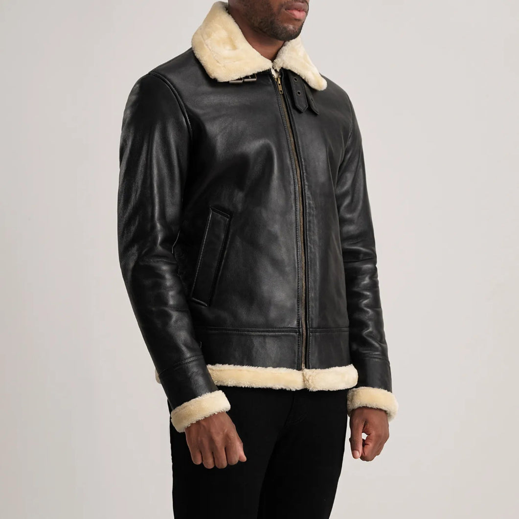 Black Shearling Leather Bomber Jacket  Stylish Men’s Outerwear
