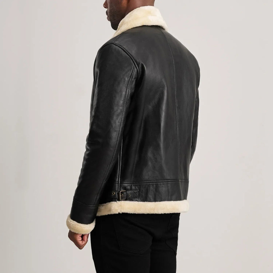 Black Shearling Leather Bomber Jacket  Stylish Men’s Outerwear