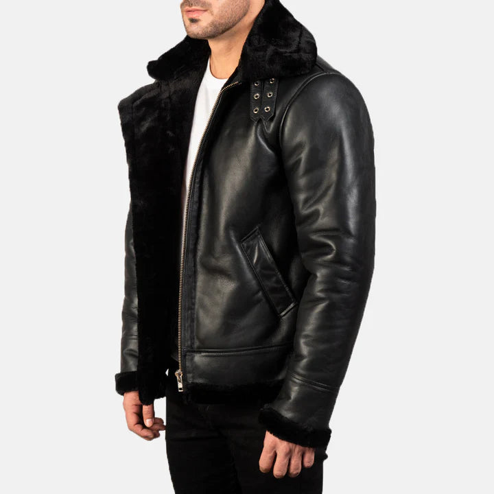 Classic B-3 Bomber Jacket for Men – Black Sheepskin Leather & Fur Collar