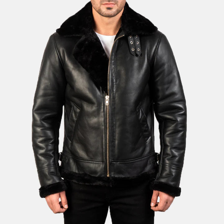 Classic B-3 Bomber Jacket for Men – Black Sheepskin Leather & Fur Collar