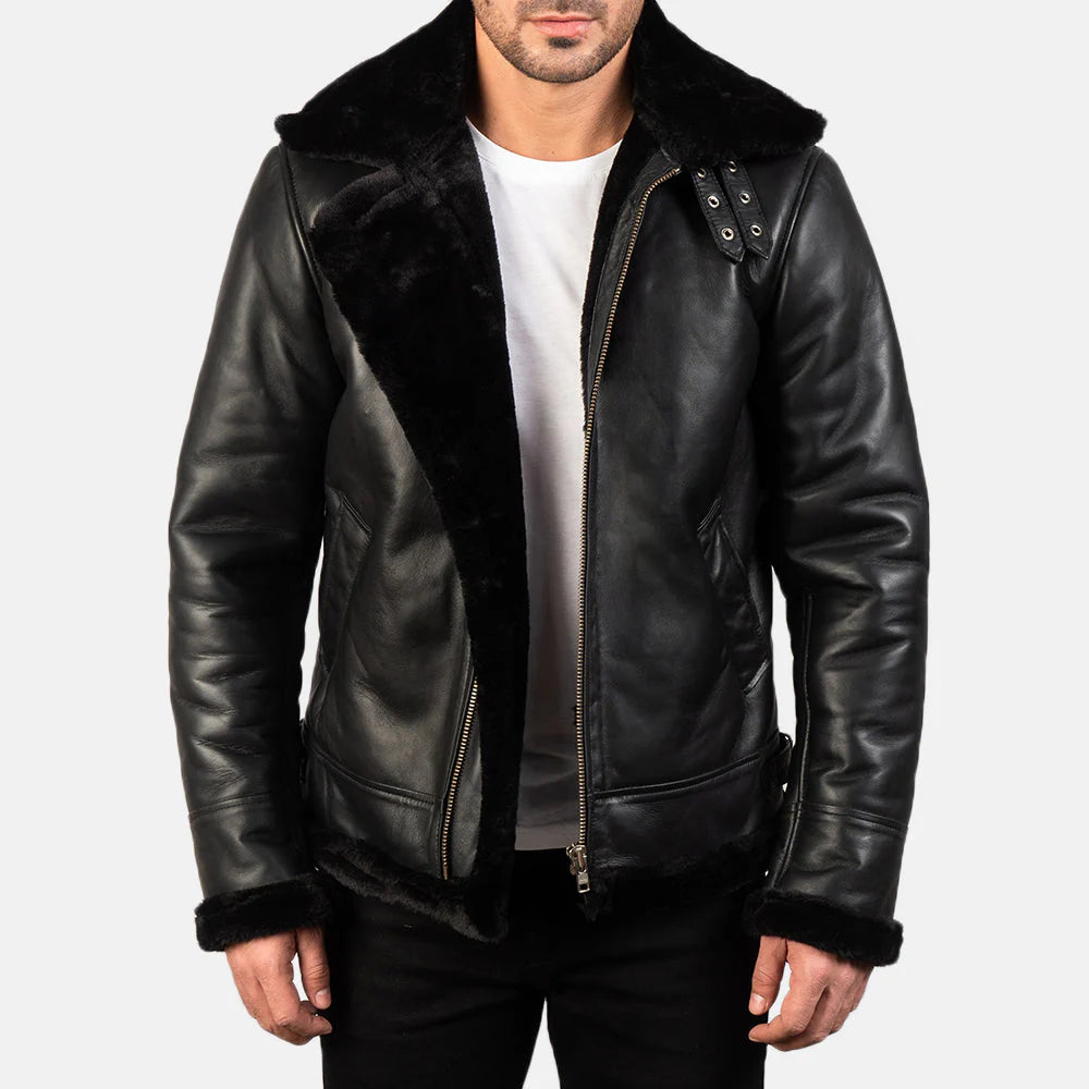 Classic B-3 Bomber Jacket for Men – Black Sheepskin Leather & Fur Collar