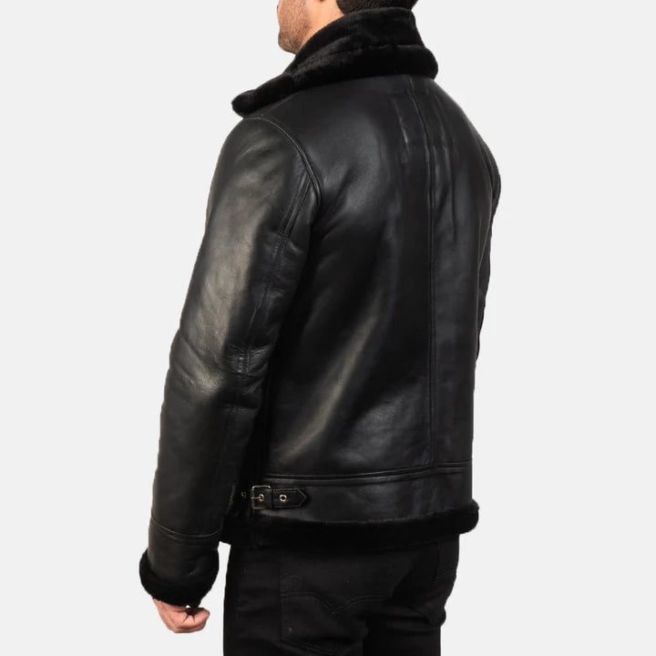 Classic B-3 Bomber Jacket for Men – Black Sheepskin Leather & Fur Collar