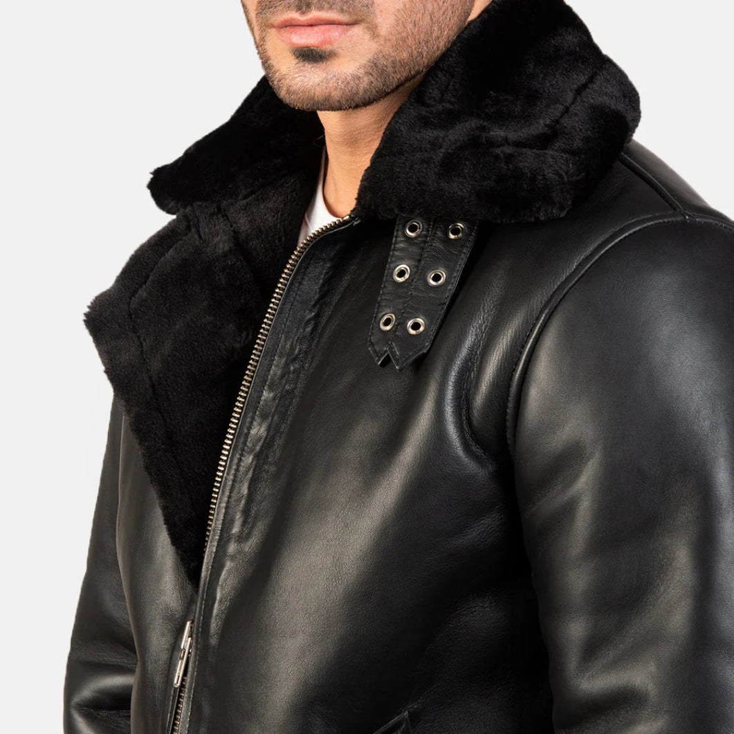 Francis B-3 Black Sheepskin Leather Bomber Jacket – Faux Shearling Lined