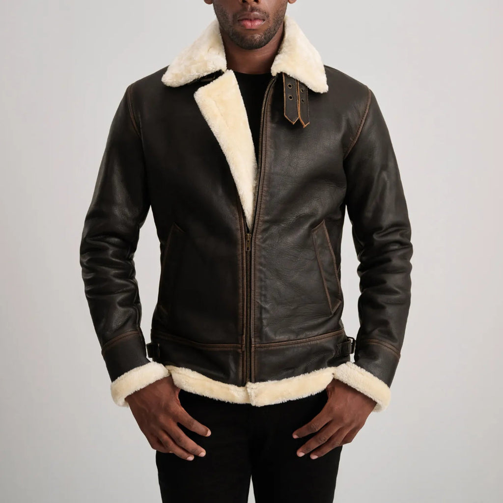 Brown Shearling Leather Bomber Jacket  Stylish Men’s Outerwear