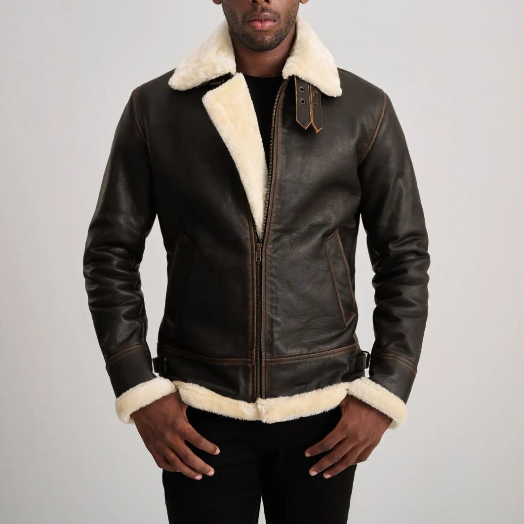 Brown Shearling Leather Bomber Jacket  Stylish Men’s Outerwear