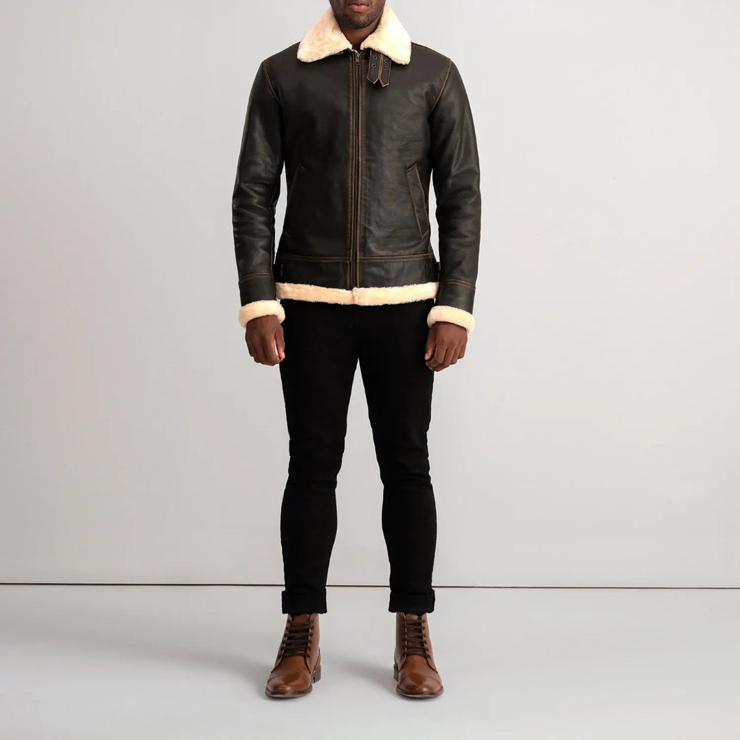 Brown Shearling Leather Bomber Jacket  Stylish Men’s Outerwear