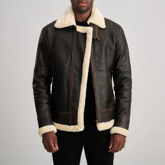 Brown Shearling Leather Bomber Jacket  Stylish Men’s Outerwear
