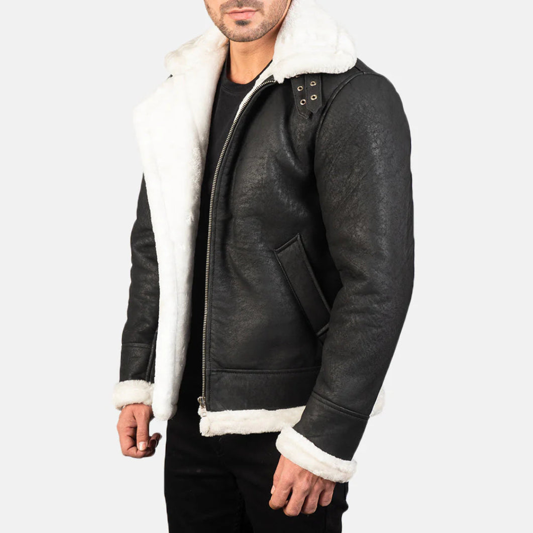 Francis B-3 Distressed Black Leather Bomber – Classic Shearling Flight Jacket