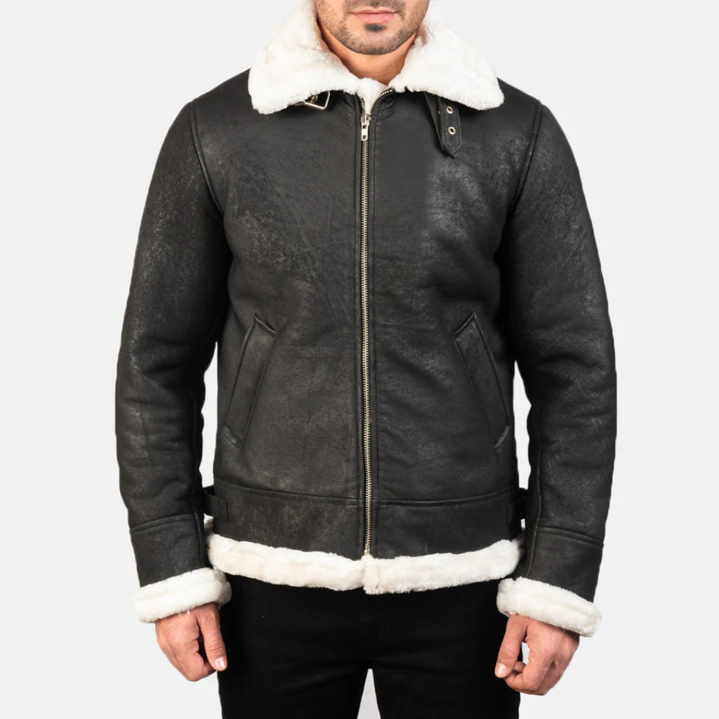 Francis B-3 Distressed Black Leather Bomber – Classic Shearling Flight Jacket