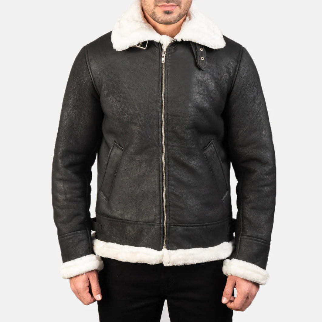 Francis B-3 Distressed Black Leather Bomber – Classic Shearling Flight Jacket