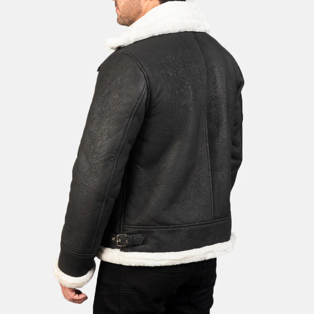 Francis B-3 Distressed Black Leather Bomber – Classic Shearling Flight Jacket