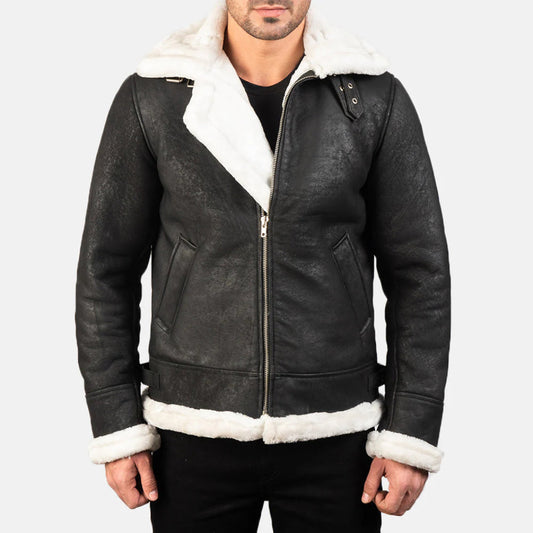 Francis B-3 Distressed Black Leather Bomber – Classic Shearling Flight Jacket