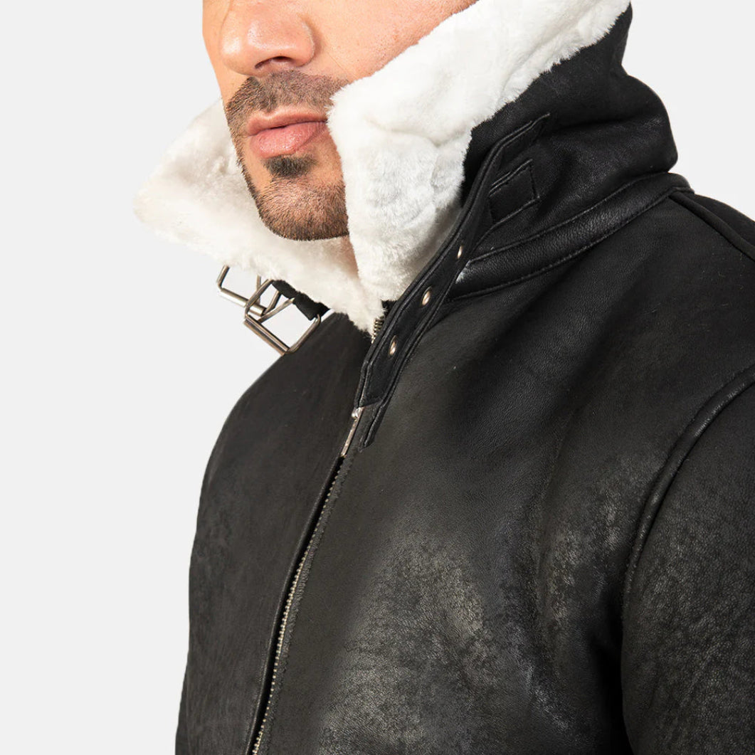 Francis B-3 Distressed Black Leather Bomber – Classic Shearling Flight Jacket