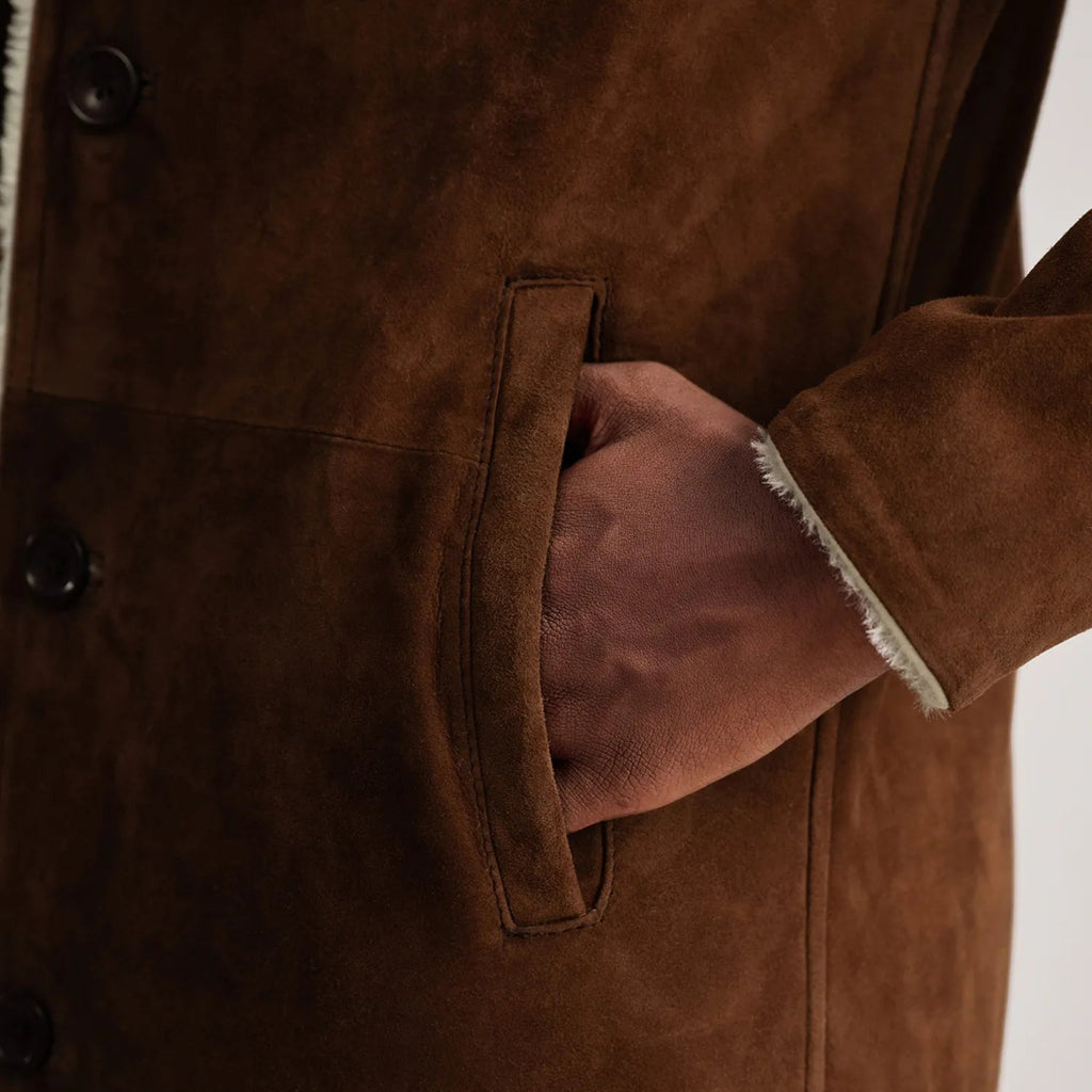 Brown Suede Shearling Coat for Men – Kolby Long Winter Outerwear