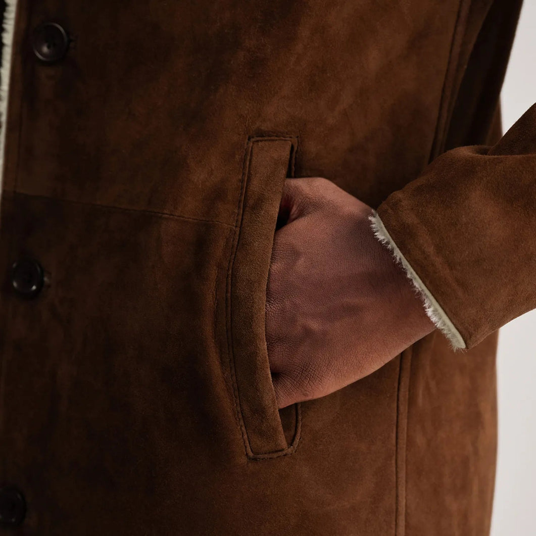 Brown Suede Shearling Coat for Men – Kolby Long Winter Outerwear