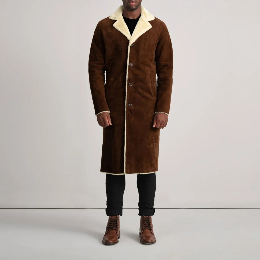 Brown Suede Shearling Coat for Men – Kolby Long Winter Outerwear