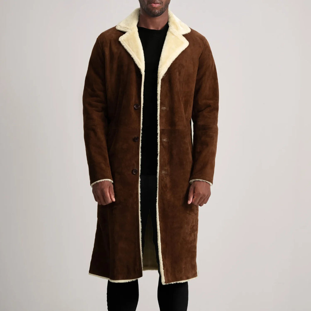 Brown Suede Shearling Coat for Men – Kolby Long Winter Outerwear