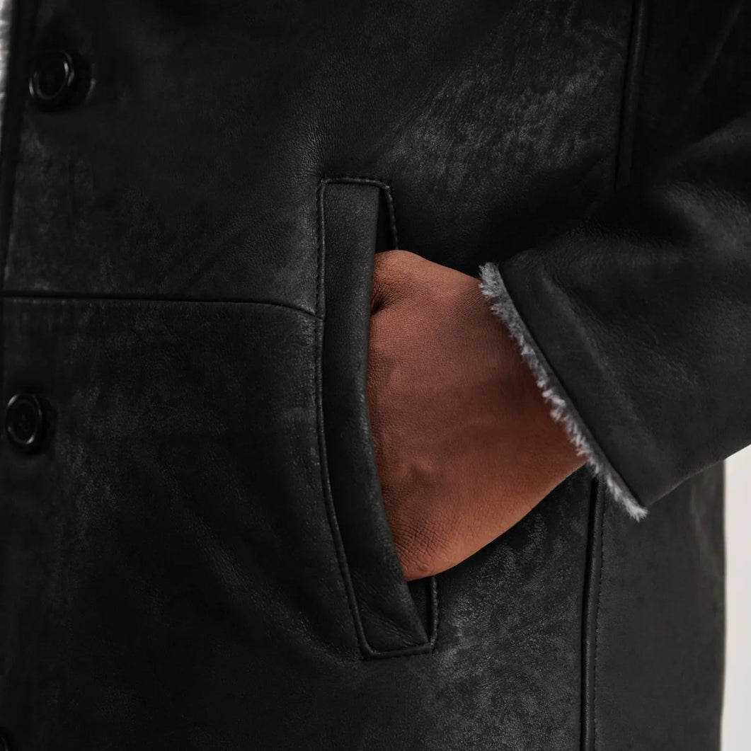 Kolby Distressed Black Shearling Coat – Men’s Real Leather Winter Outerwear