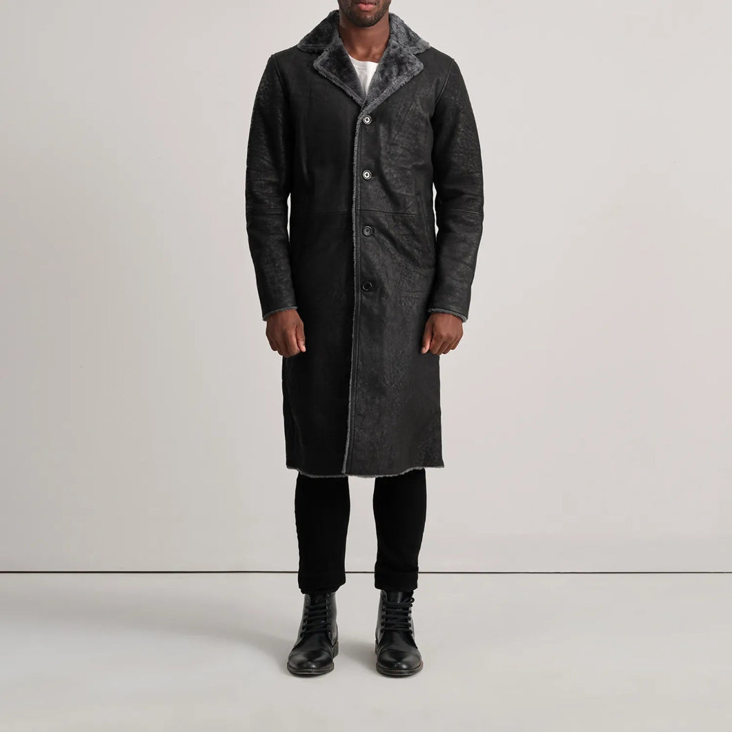 Kolby Distressed Black Shearling Coat – Men’s Real Leather Winter Outerwear