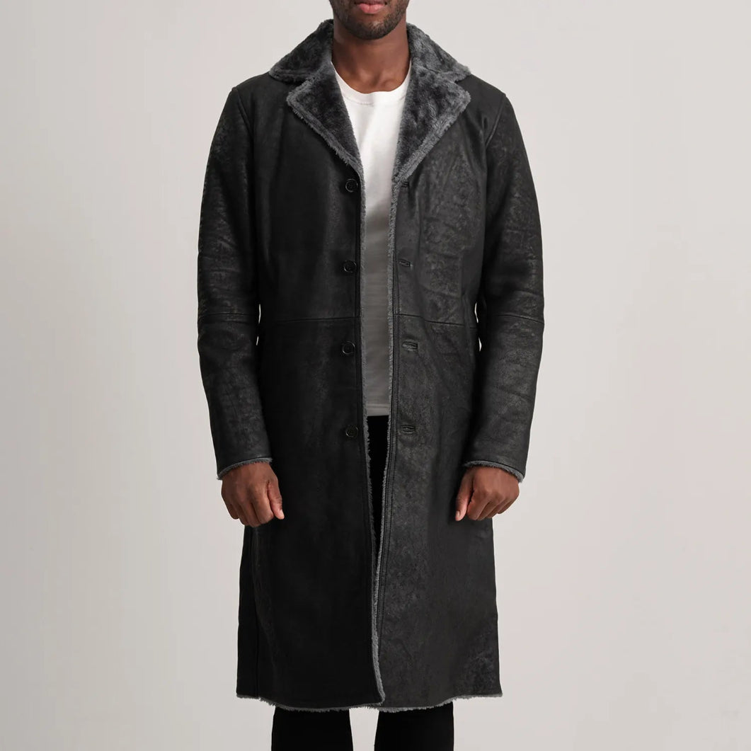 Kolby Distressed Black Shearling Coat – Men’s Real Leather Winter Outerwear