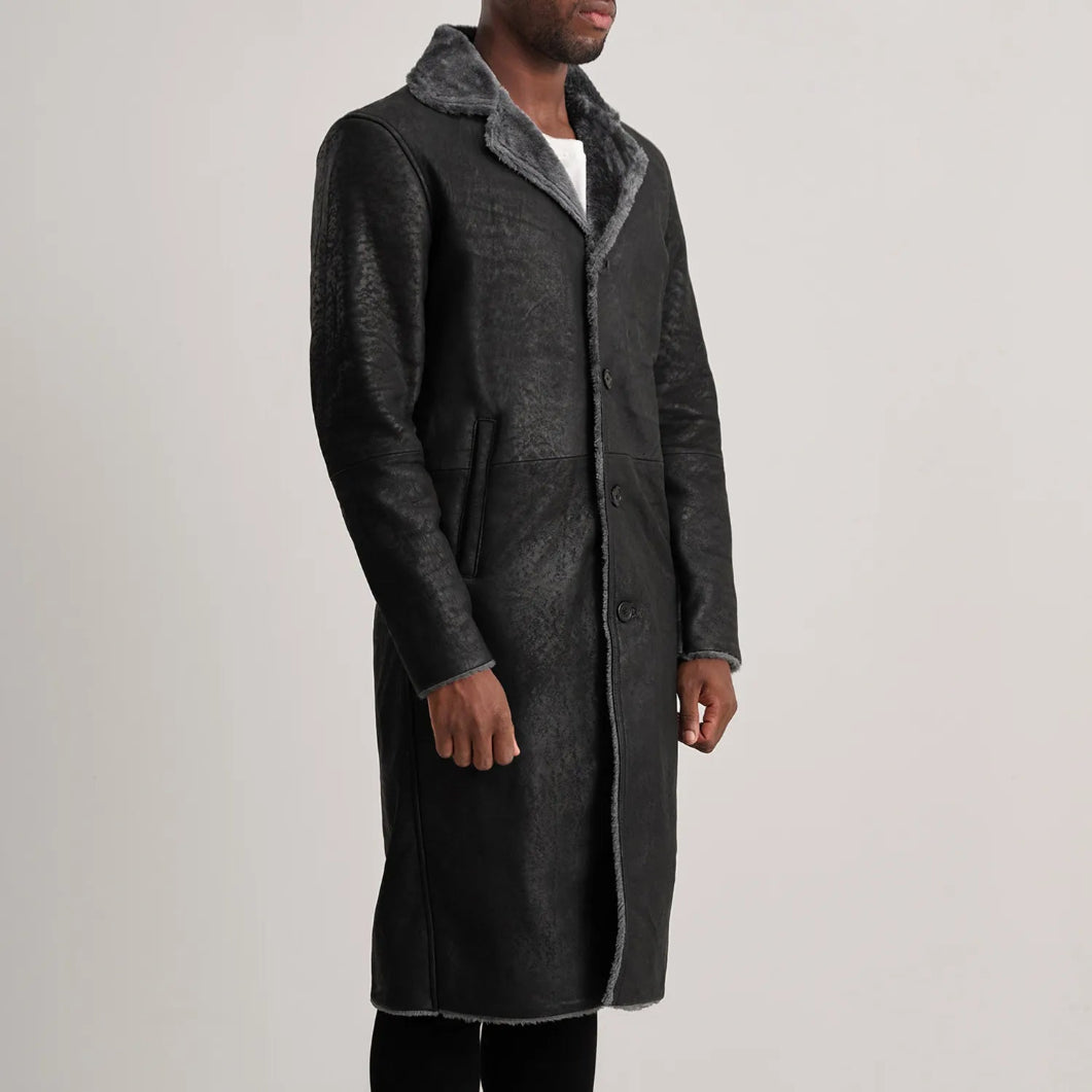 Kolby Distressed Black Shearling Coat – Men’s Real Leather Winter Outerwear