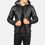 Men’s Nintenzo Black Leather Bomber Jacket with Hood – Casual Streetwear