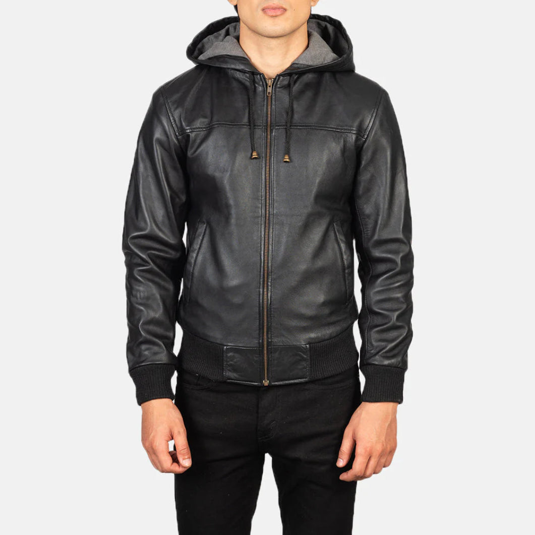 Men’s Nintenzo Black Leather Bomber Jacket with Hood – Casual Streetwear