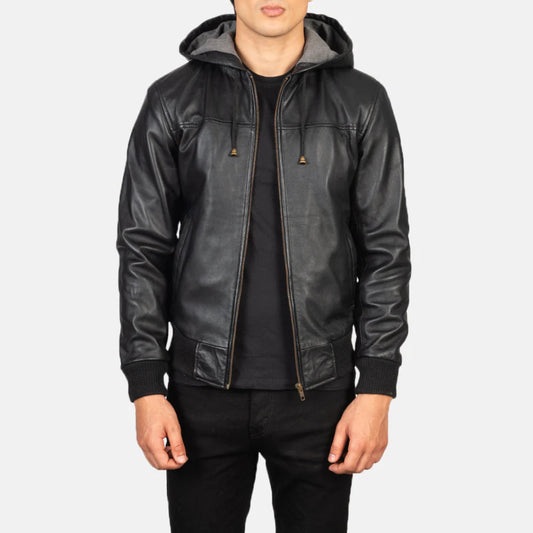 Men’s Nintenzo Black Leather Bomber Jacket with Hood – Casual Streetwear